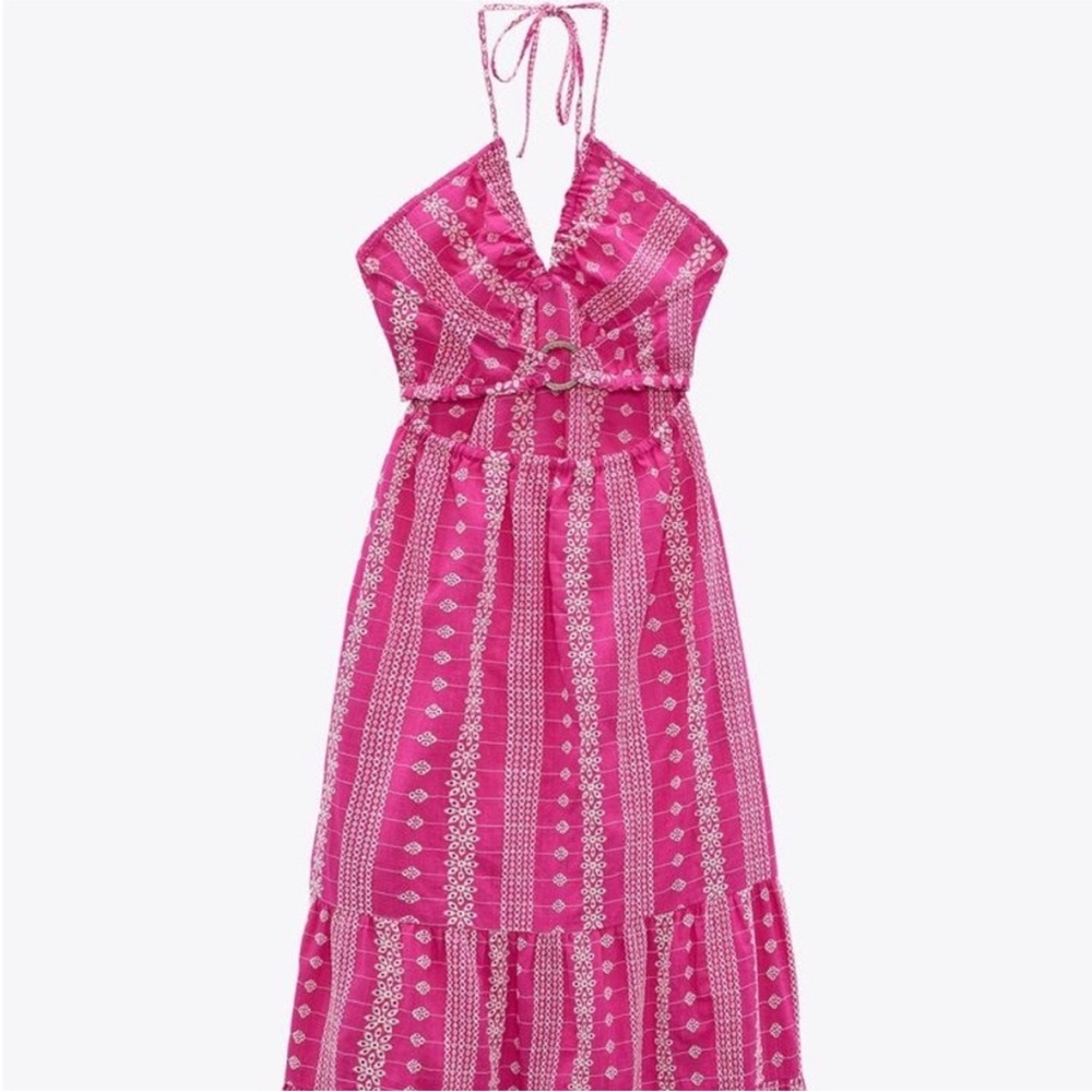 Zara limited edition openwork work embroidered cotton halter midi dress - Picture 10 of 16